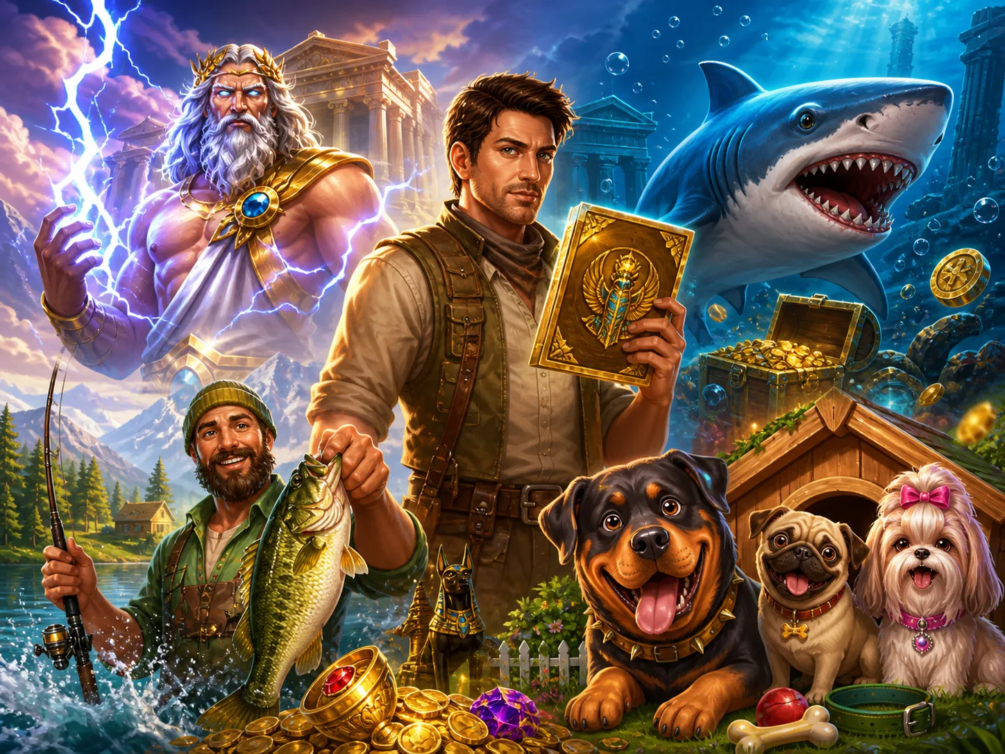 Colorful slot game scene with characters and objects from popular slots like mythological gods, fisherman's tale, and fantasy
