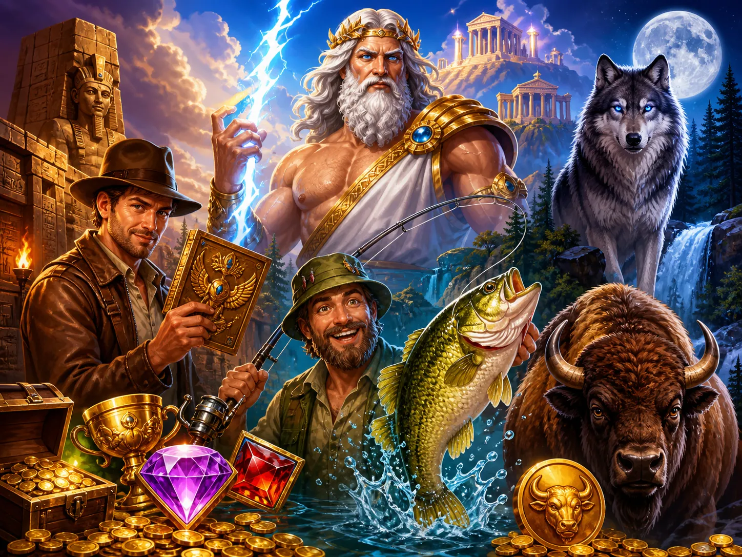 Illustration featuring diverse slot game characters in vibrant settings. Includes mythological god, fisherman with large fish