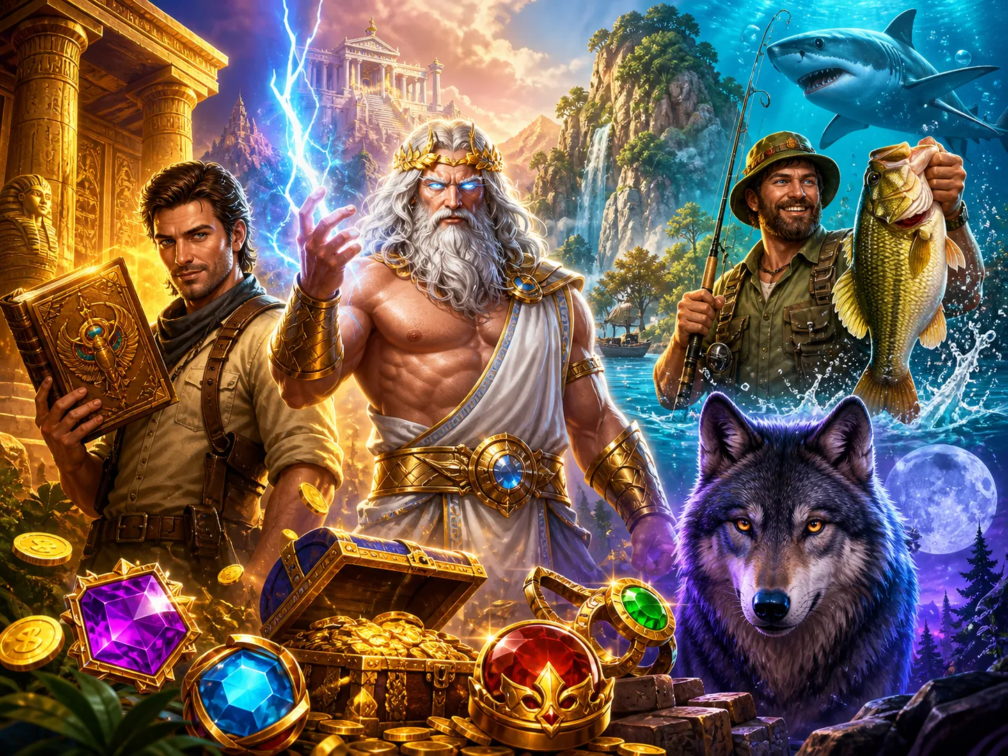 Digital artwork depicting a vibrant Polish-themed slot game with mythical creatures, treasure, and fantasy landscapes.